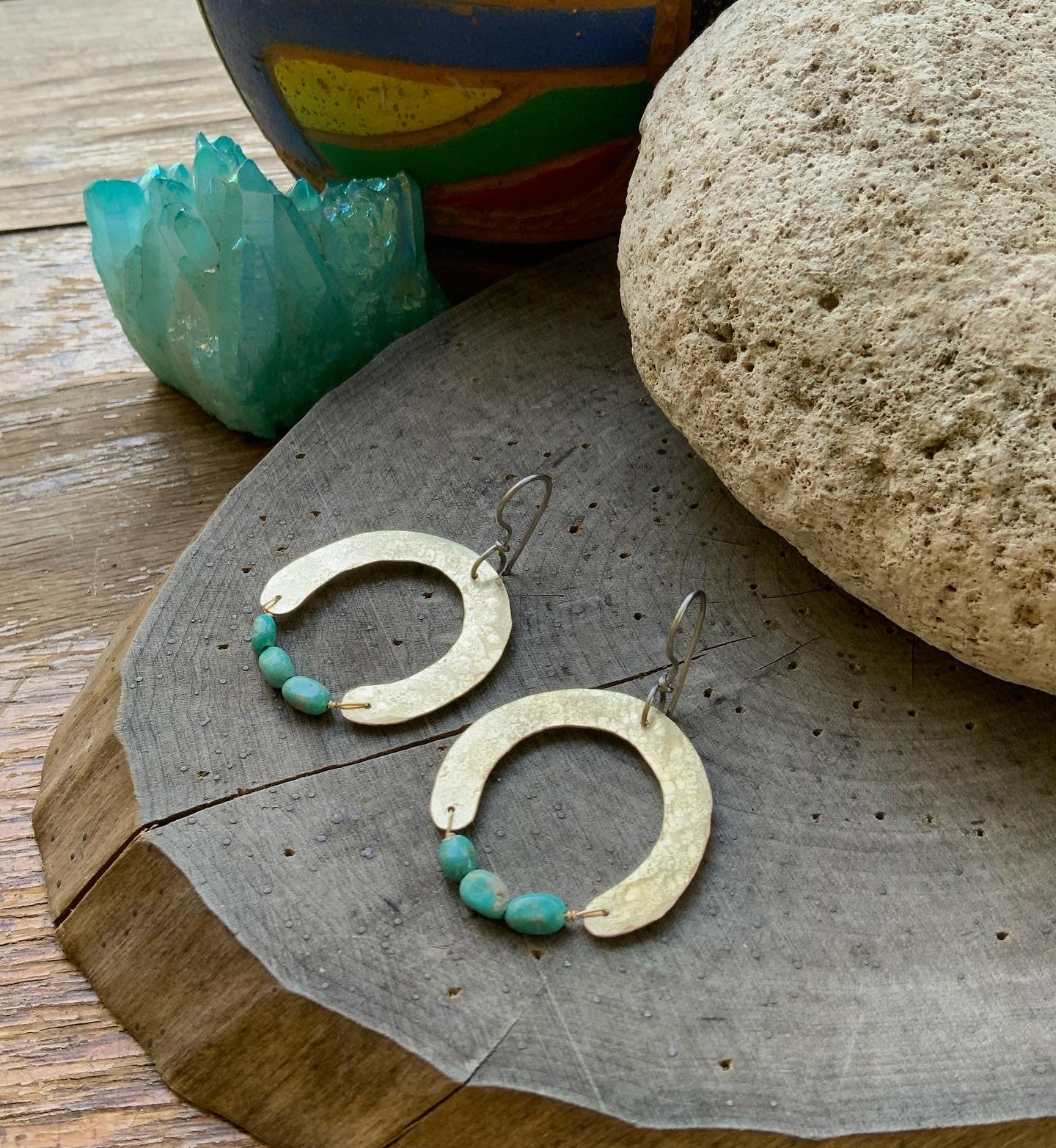 Turquoise Hammered Brass Arch Earrings