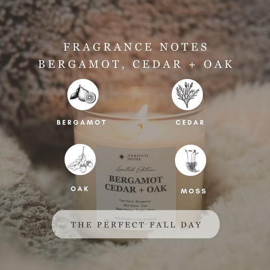 Bergamot, Cedar + Oak Candle, Wax Melt, Diffuser & Room Spray