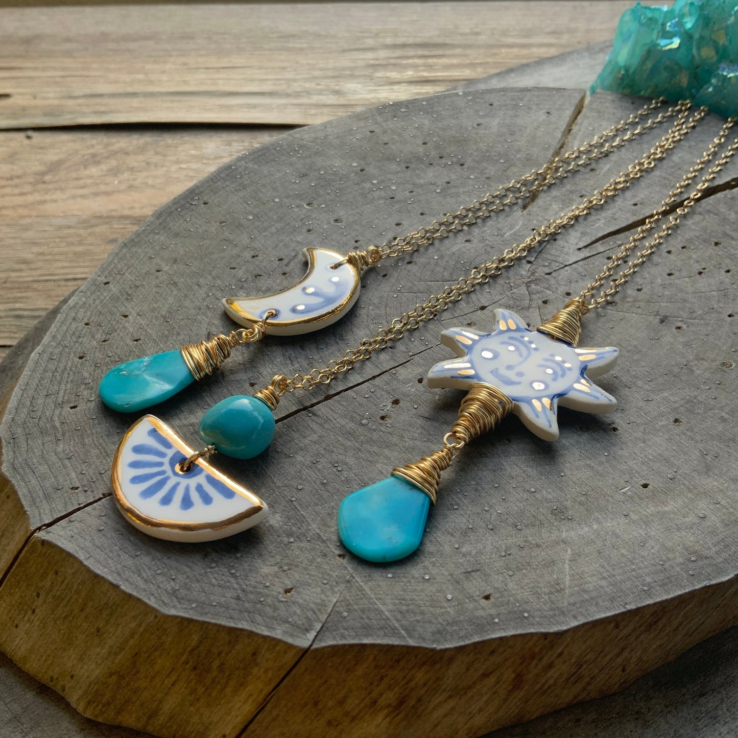 Ceramic Folk Flower and Genuine Turquoise Charm Necklace