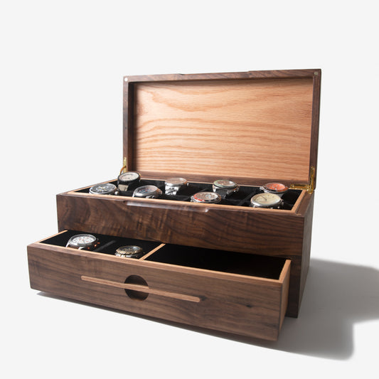 Watch Box with Drawer | Black Walnut and Oak | 12 to 16 Watch Compartments