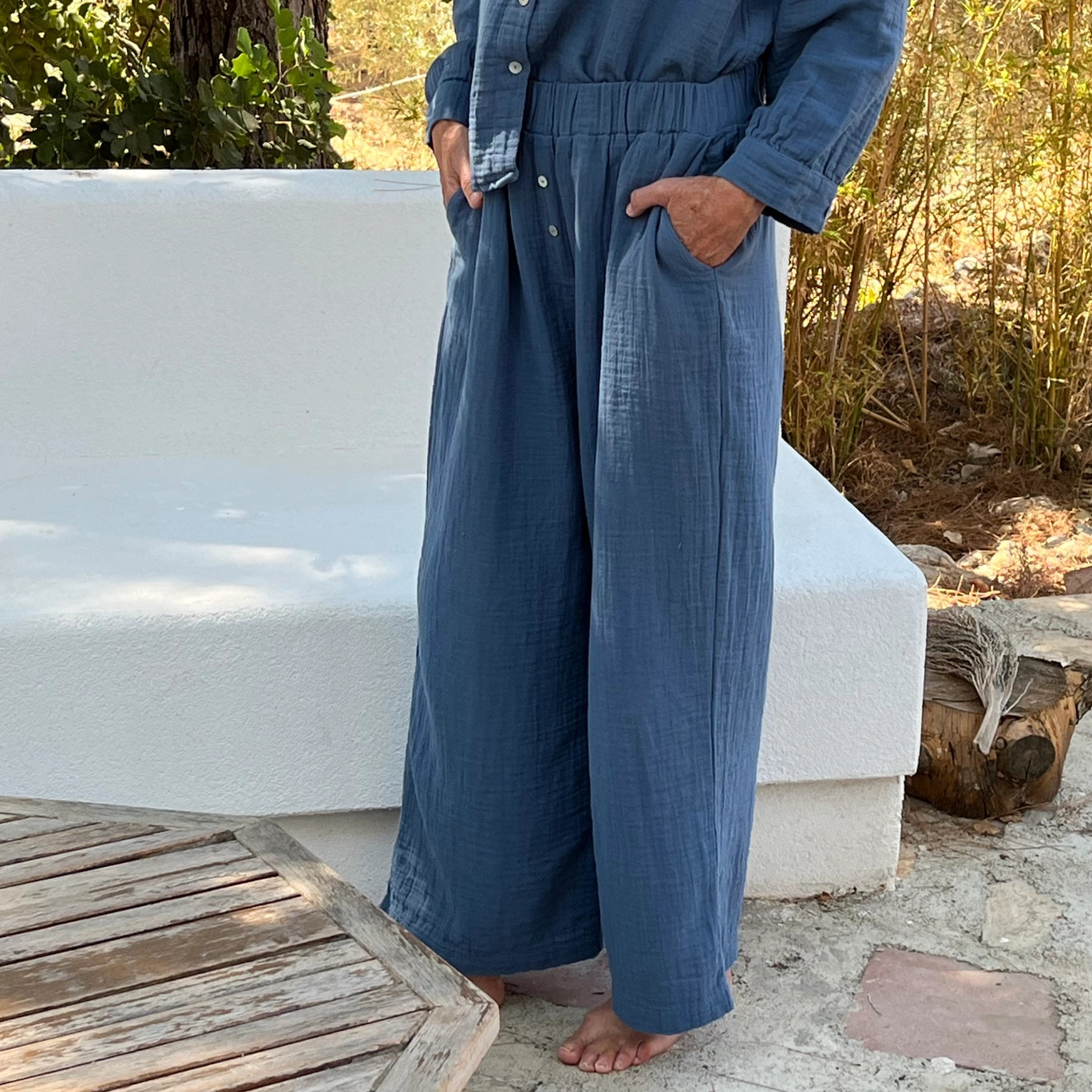 Double-Layered Muslin Cotton Button Pants