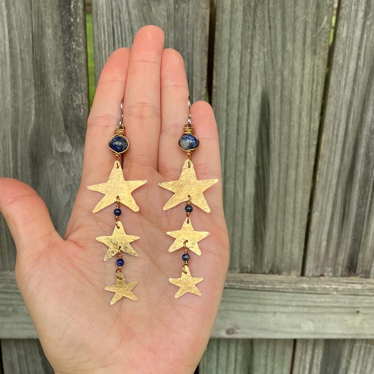 Hammered Brass Star and Lapis Earrings