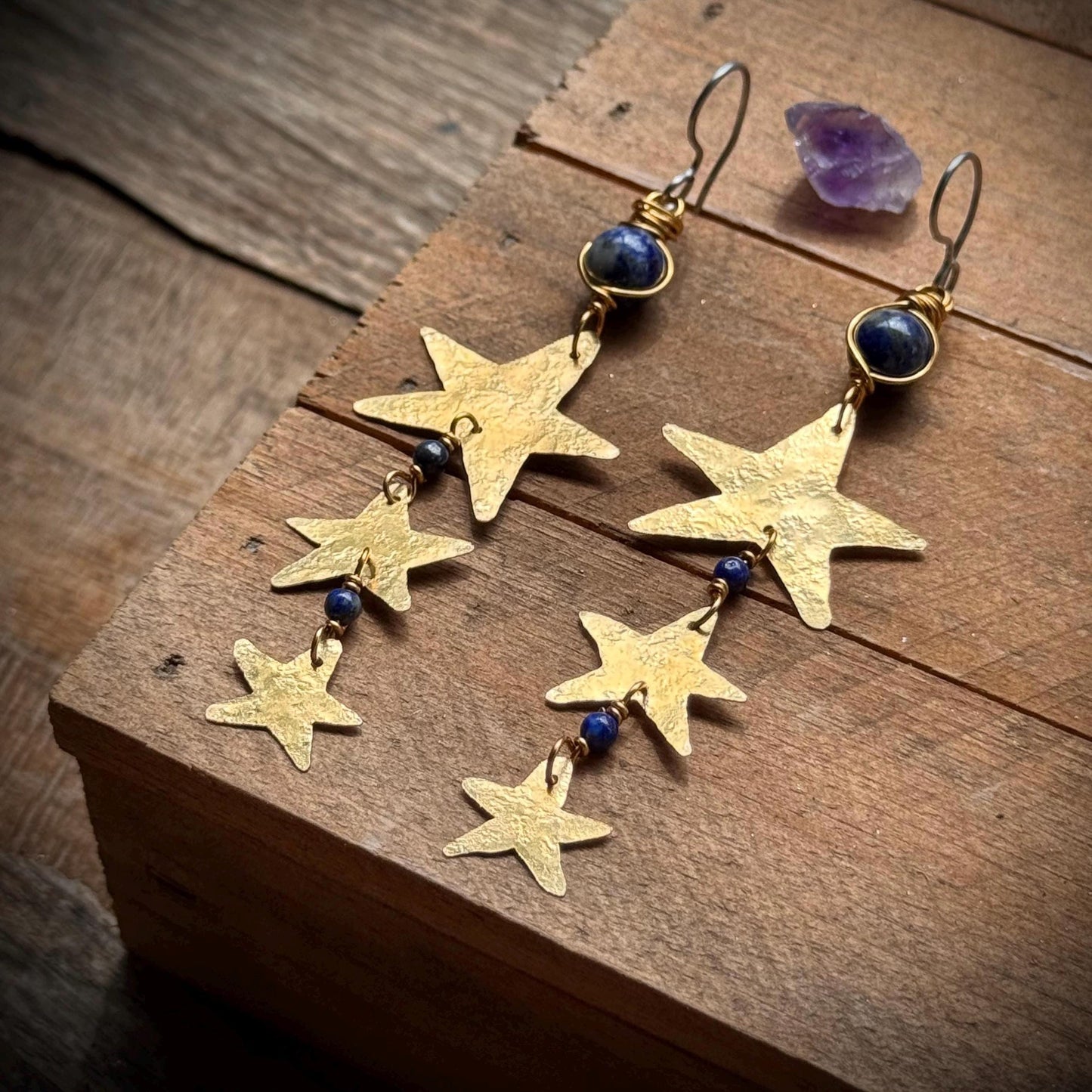 Hammered Brass Star and Lapis Earrings