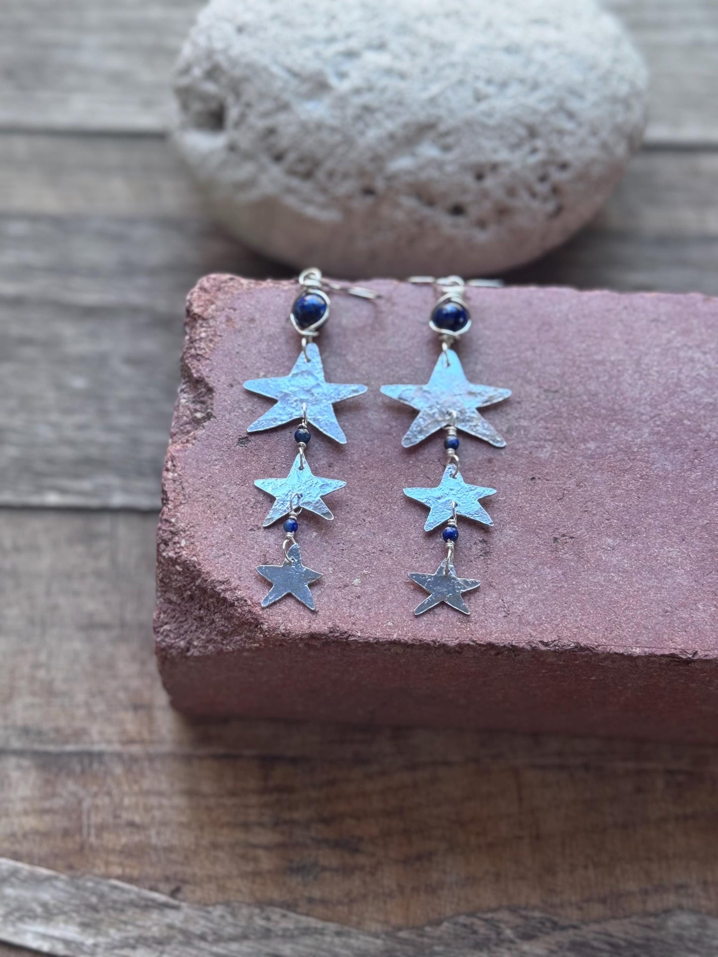 Hammered Brass Star and Lapis Earrings