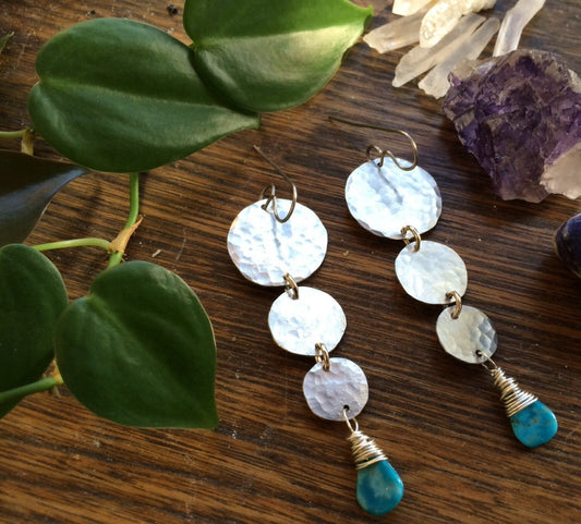 Turquoise Hammered Circle Drop Earrings