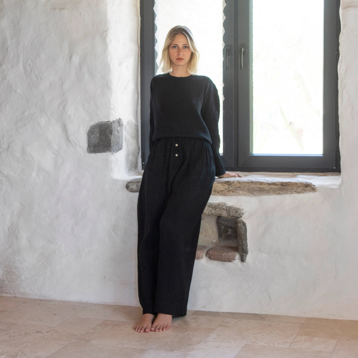 Double-Layered Muslin Cotton Button Pants