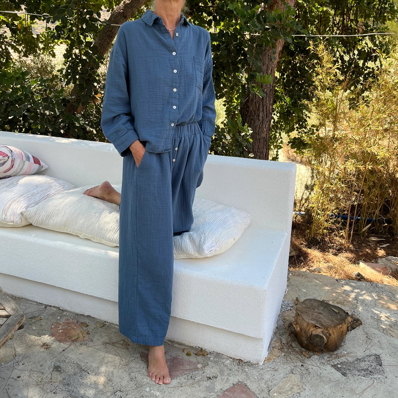 Double-Layered Muslin Cotton Button Pants