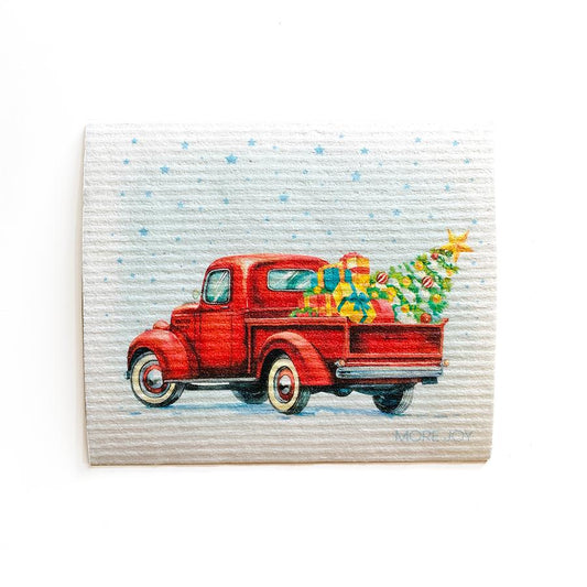 Vintage Truck with Christmas Tree Swedish Dishcloth | Red