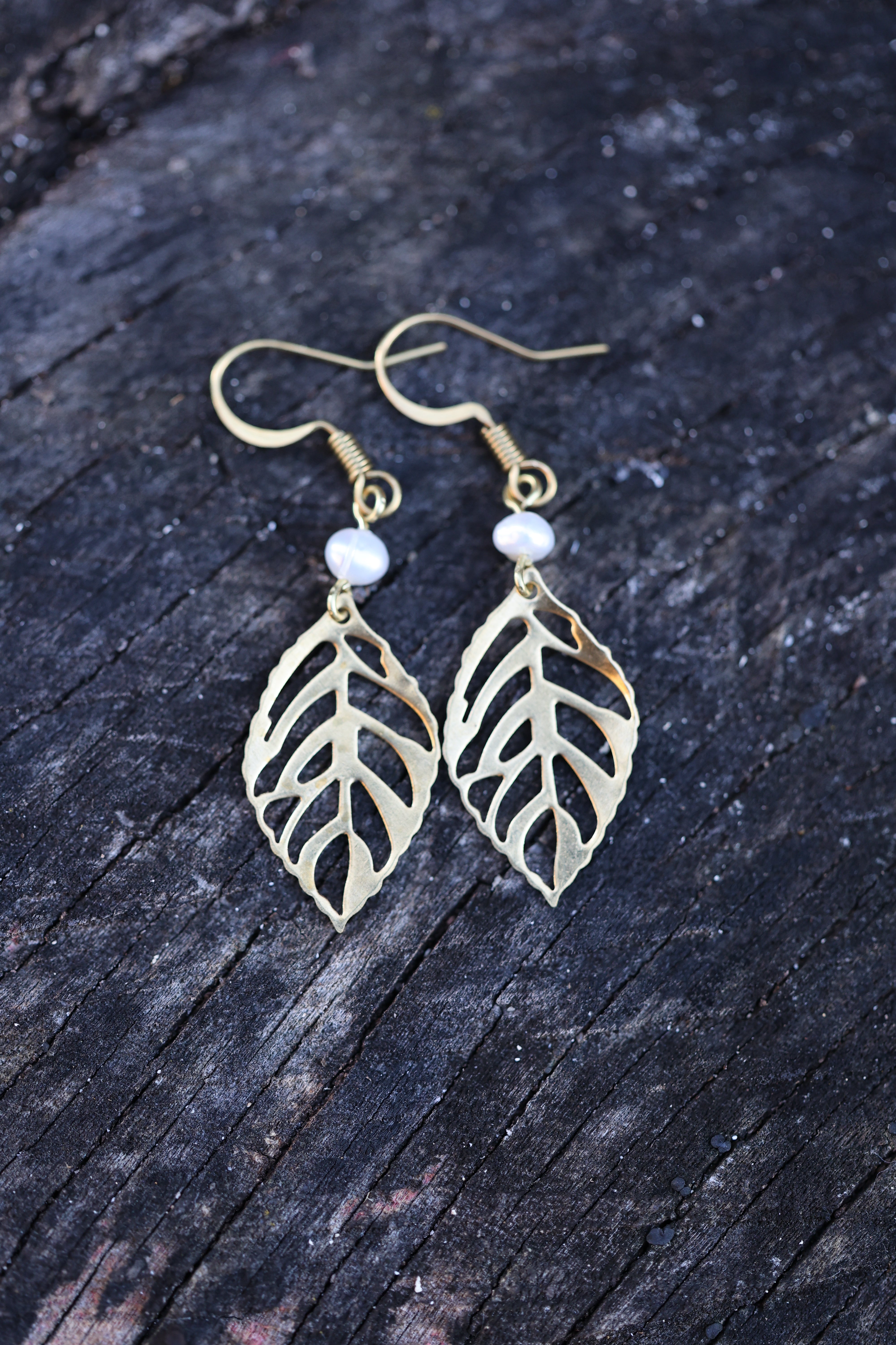Freshwater Pearl Leaf Dangle Earrings | Brass-zoom-1