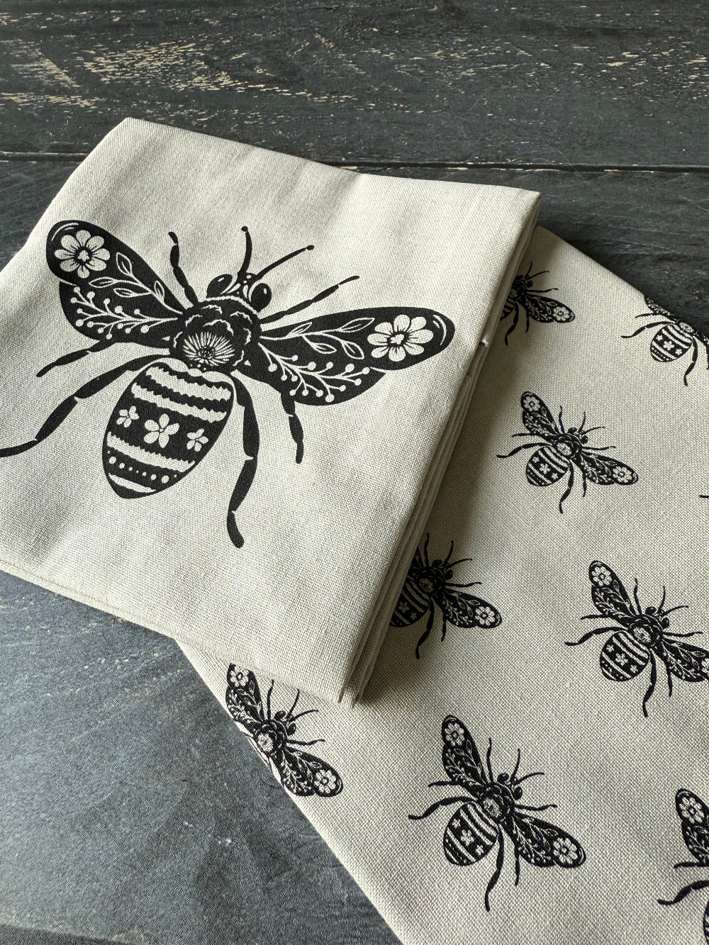 Linen Cotton Hand Towels Set | Bee Print Kitchen Tea Towels (Set of 2) - Aware House