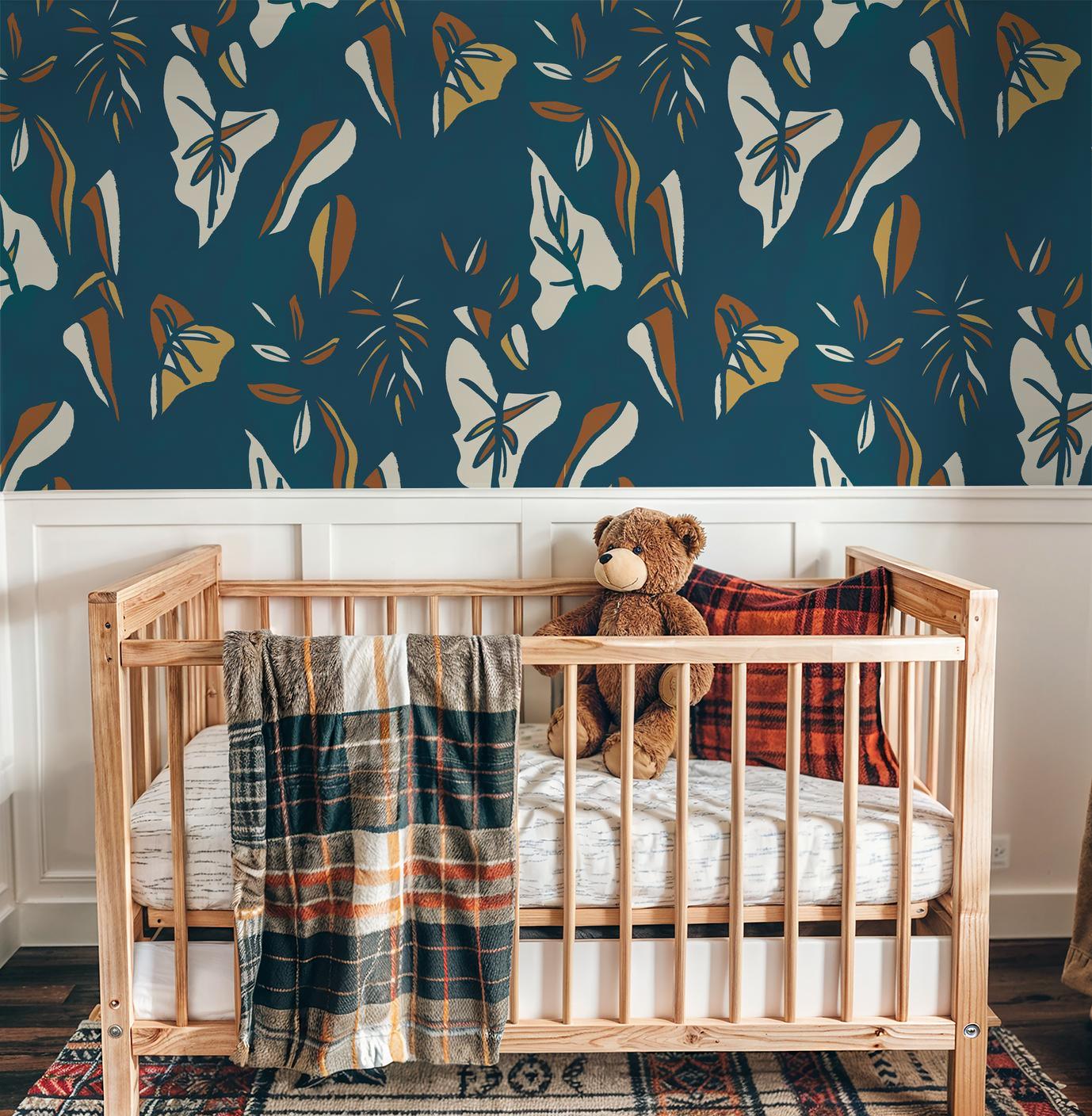 Block Print Foliage Wallpaper, blue-zoom-1