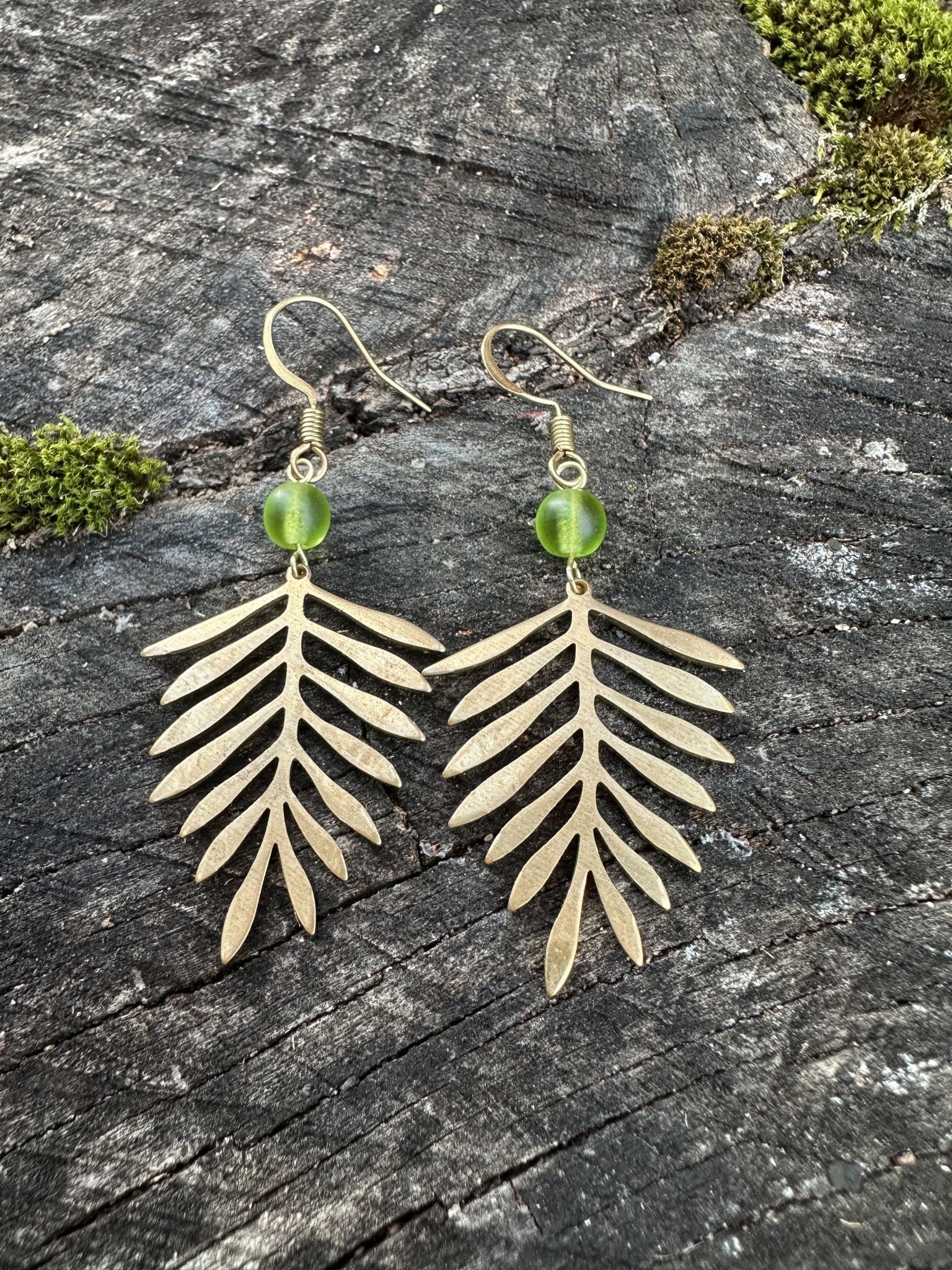 Fern Dangle Earrings | Brass & Green Sea Glass - Aware House