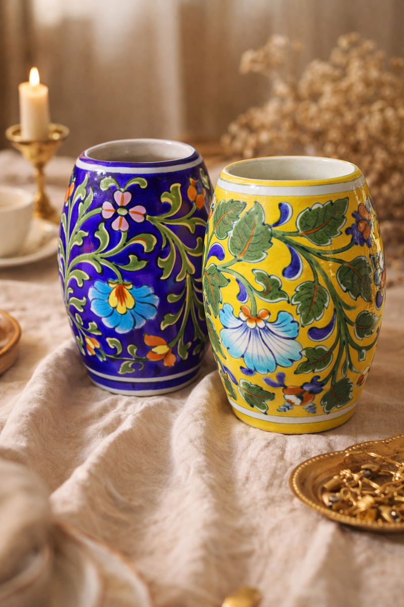 Handcrafted Blue Pottery Daisy Vase | Jaipur Hand-Painted-zoom-