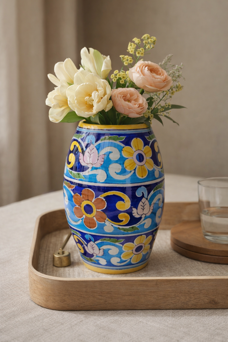 Handcrafted Blue Pottery Daisy Vase | Jaipur Hand-Painted-zoom-