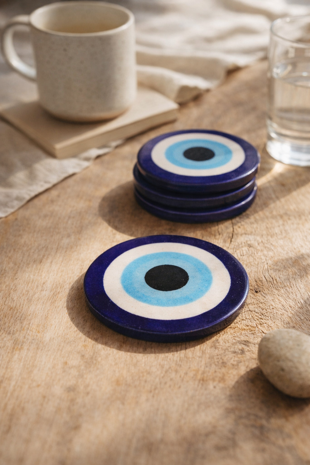 Handcrafted Evil Eye Coasters | Blue Pottery Nazar Coaster Set-zoom-2