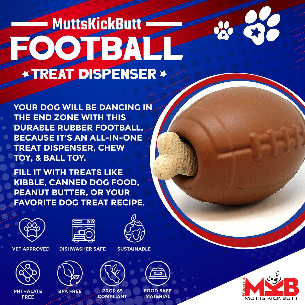 Football Dog Chew Toy & Treat Dispenser - USA Made | SodaPup-zoom-5