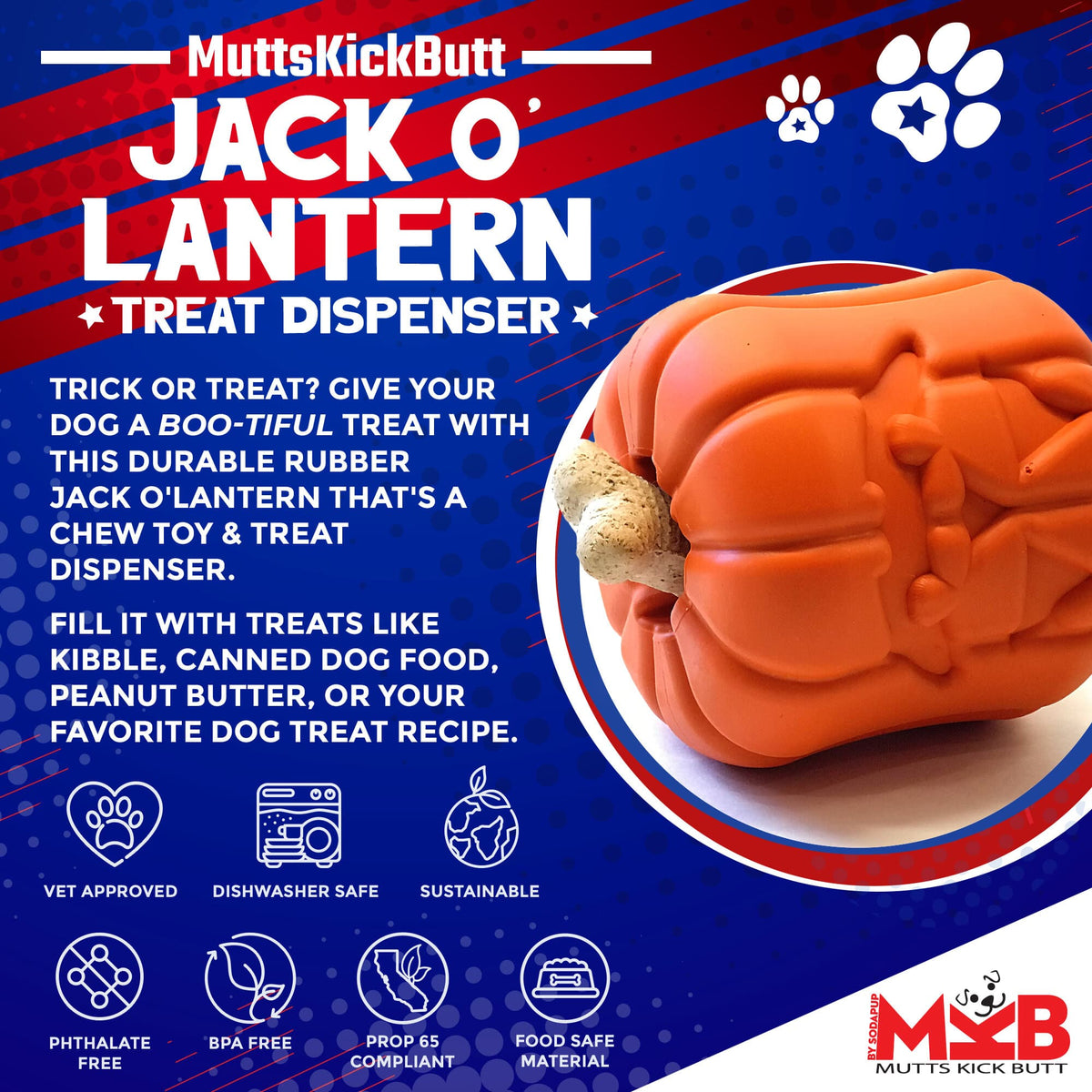 Jack O' Lantern Dog Toy - Durable Halloween Chew Toy for Large Dogs | USA Made-zoom-2