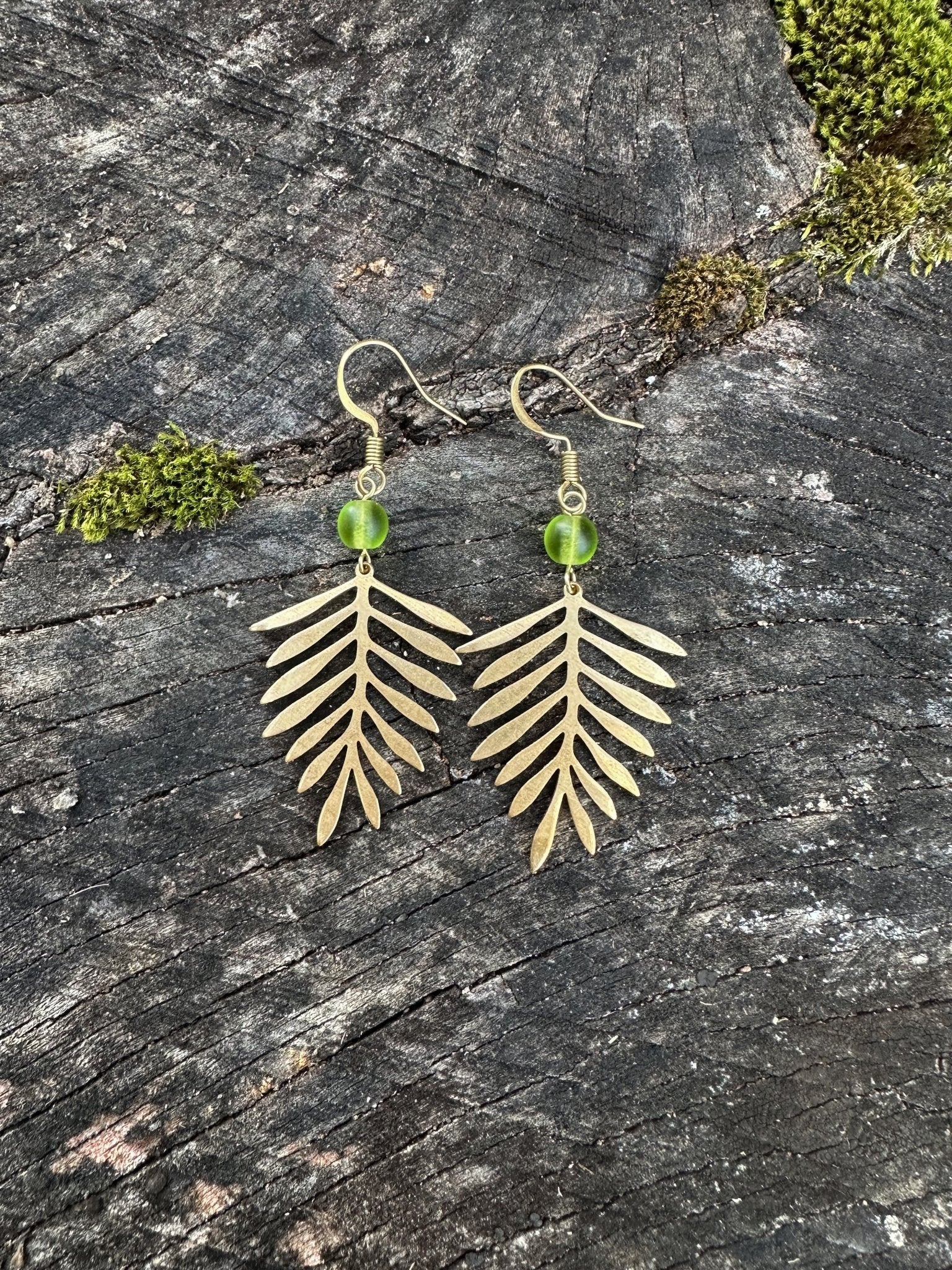 Fern Dangle Earrings | Brass & Green Sea Glass - Aware House