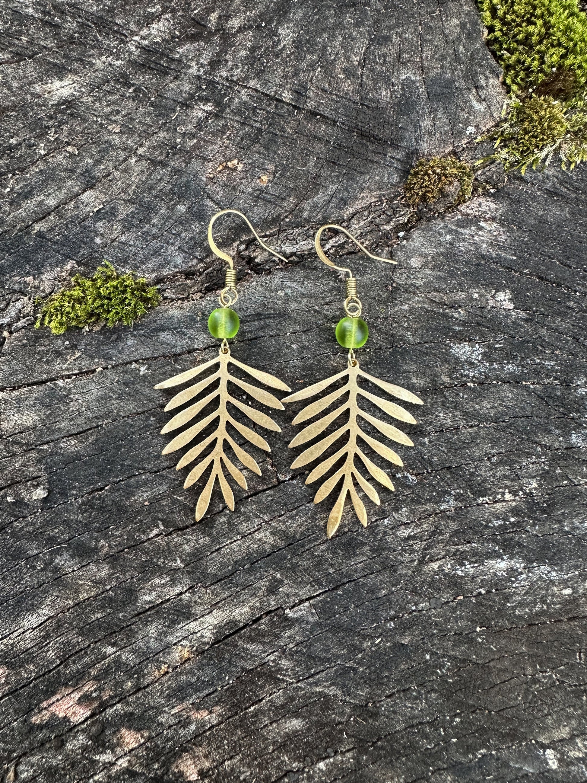 Fern Dangle Earrings | Brass & Green Sea Glass-1