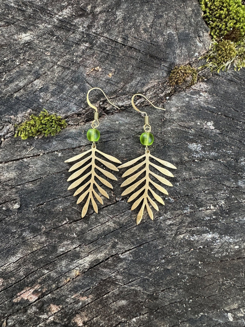 Fern Dangle Earrings | Brass & Green Sea Glass - Aware House