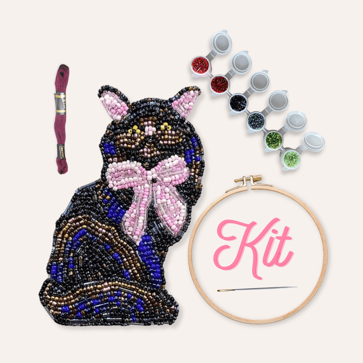 Black Cat With Bow Beaded Art Kit - Aware House - Heather Freitas -