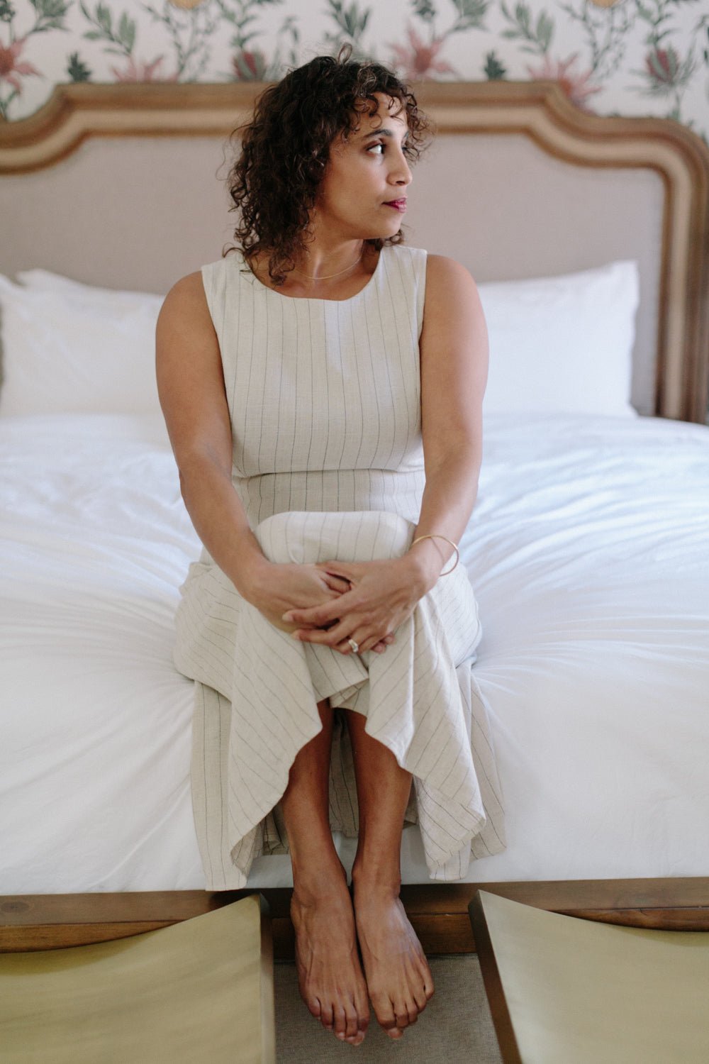 Lori Dress in Oat Linen Stripe - Aware House