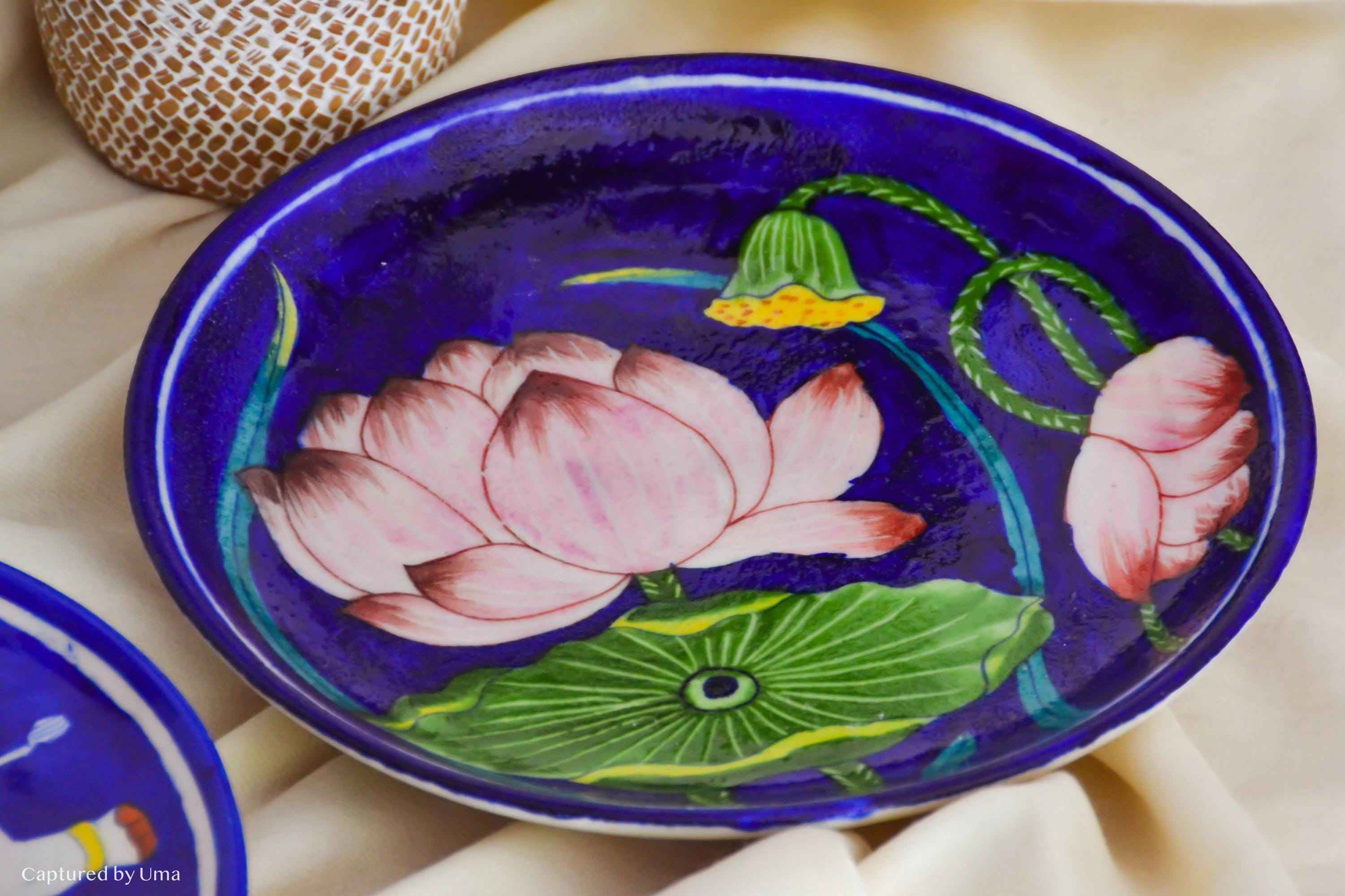Padma Lotus Plate | Handcrafted Blue Pottery Wall Decor-zoom-5