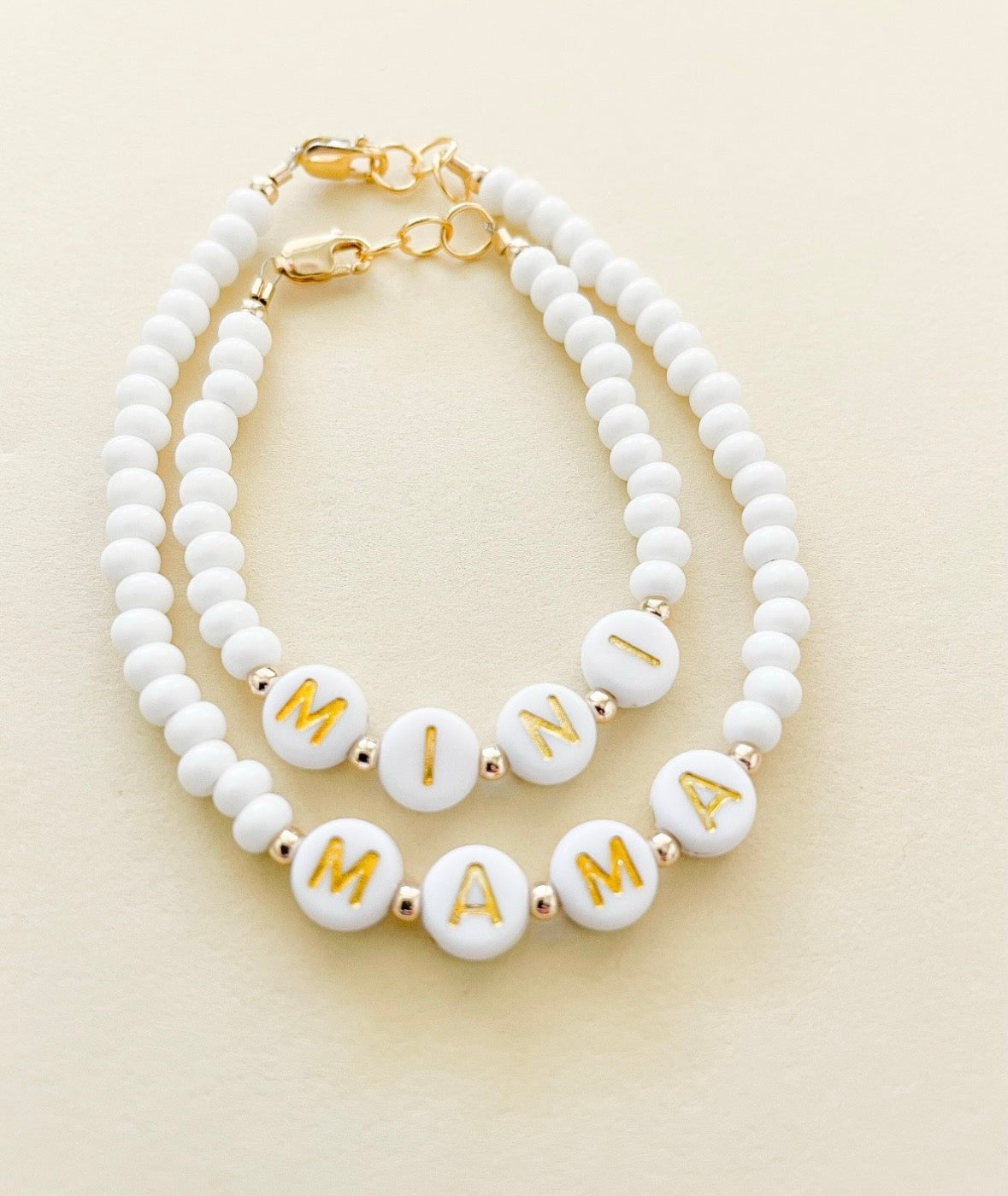Mama and Mini White Name Bracelet Set | Personalized-zoom-4