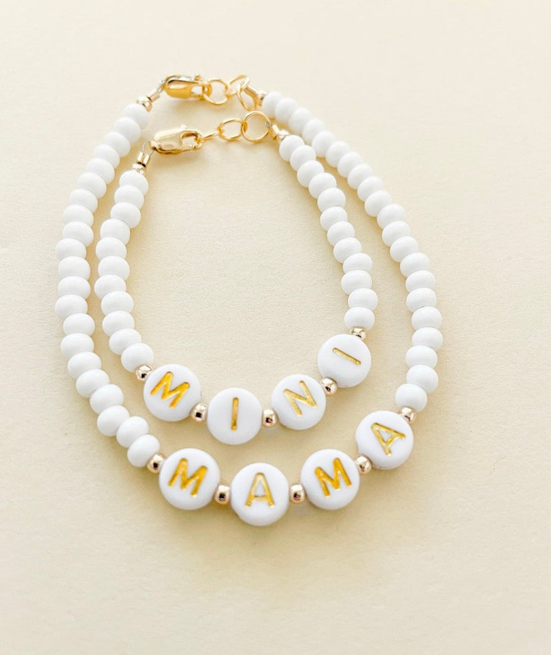 Mama and Mini White Name Bracelet Set | Personalized-zoom-