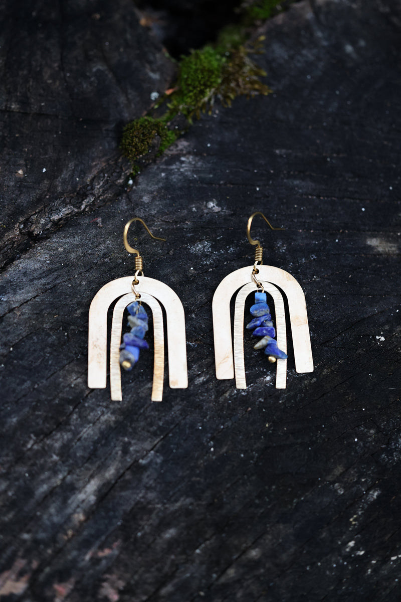 Double Arch Earrings | Brass & Lapis Lazuli-zoom-