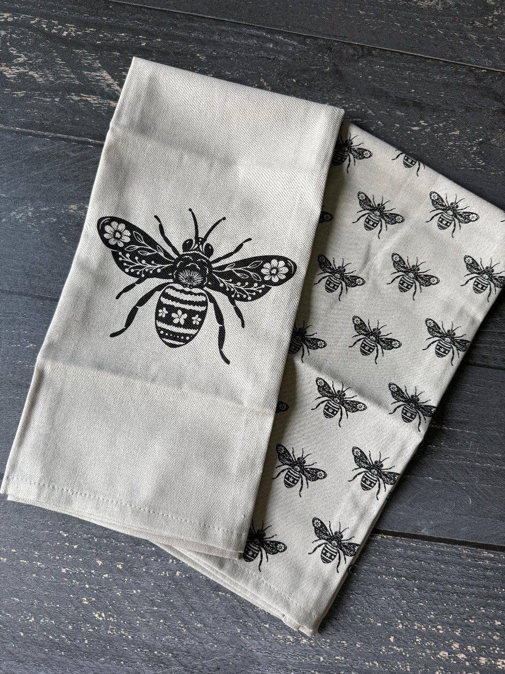 Linen Cotton Hand Towels Set | Bee Print Kitchen Tea Towels (Set of 2) - Aware House