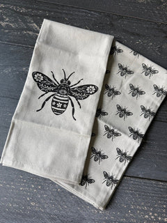 Linen Cotton Hand Towels Set | Bee Print Kitchen Tea Towels (Set of 2) - Aware House