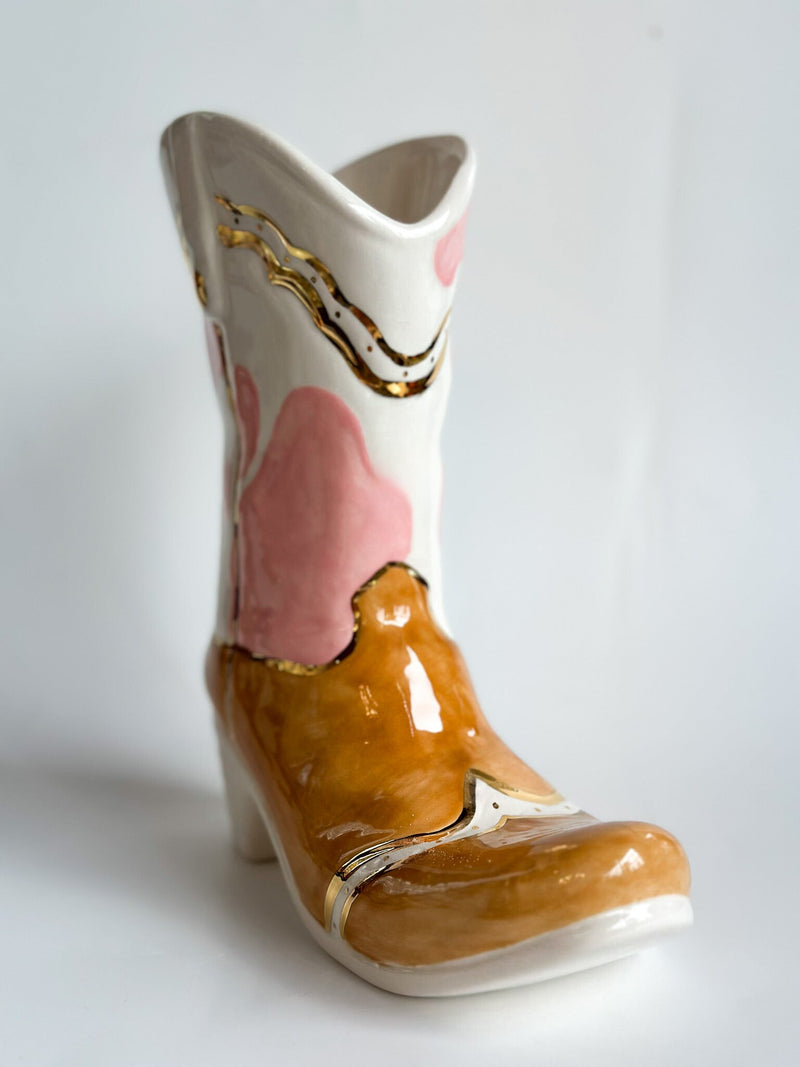 Two Tone Cow Print Cowboy Boot Vase-zoom-