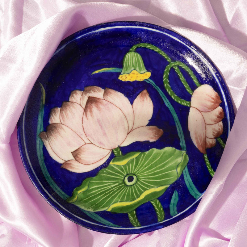 Padma Lotus Plate | Handcrafted Blue Pottery Wall Decor-zoom-
