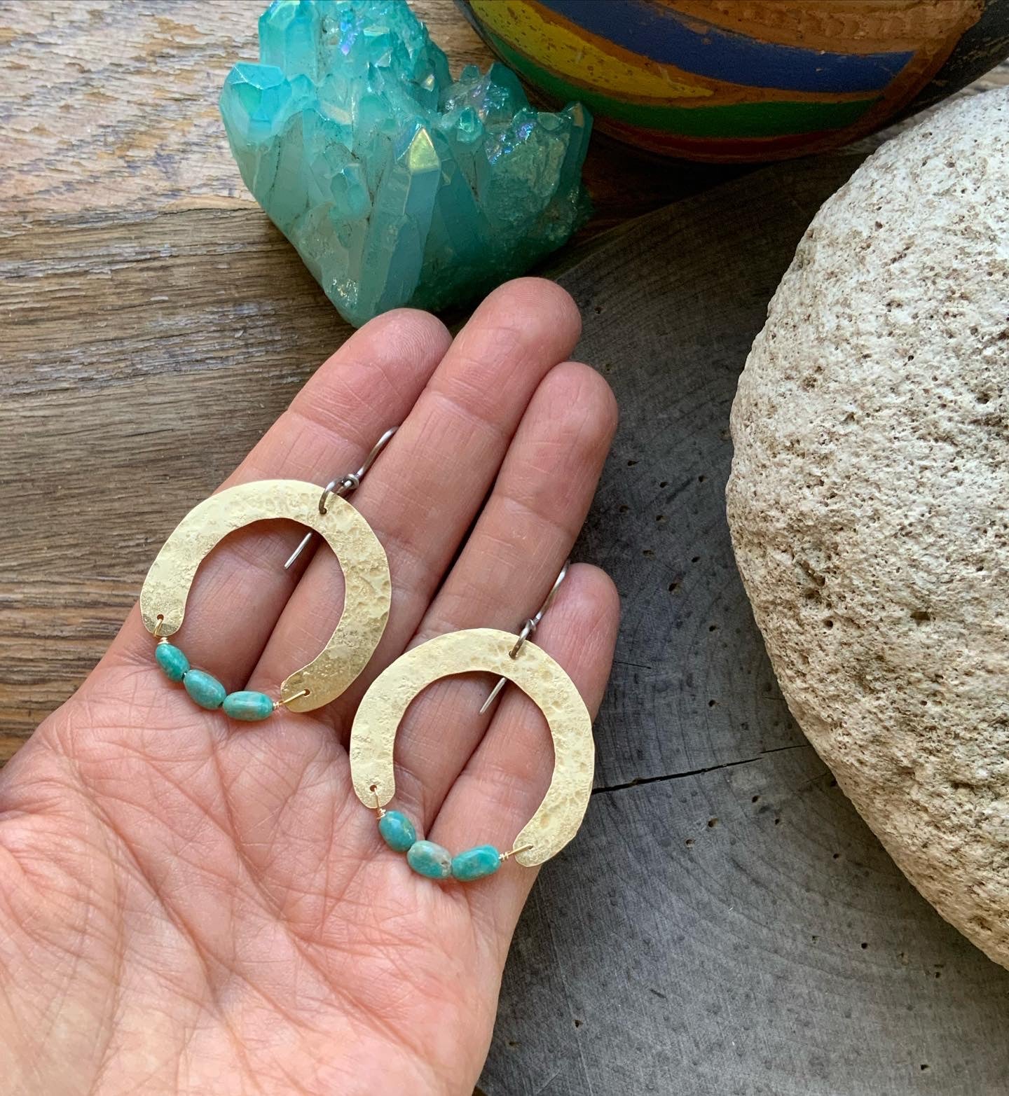 Turquoise Hammered Brass Arch Earrings-zoom-2