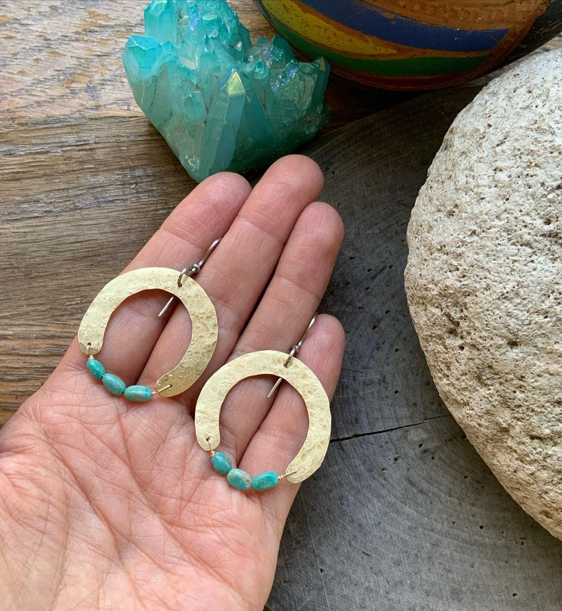 Turquoise Hammered Brass Arch Earrings-zoom-