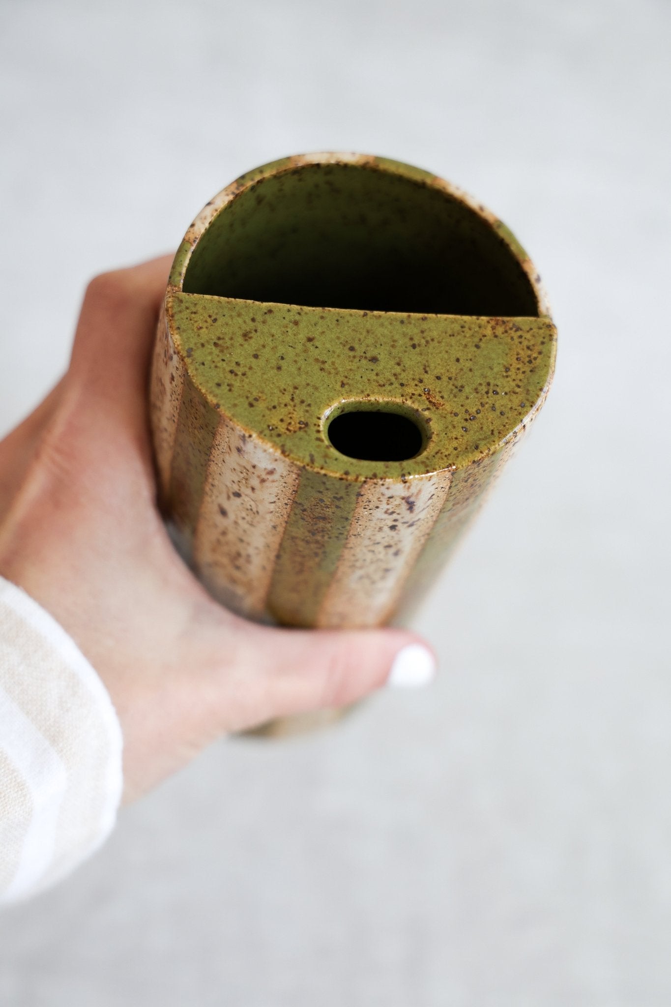 Striped Travel Mug | Olive & Neutral Stoneware - Aware House