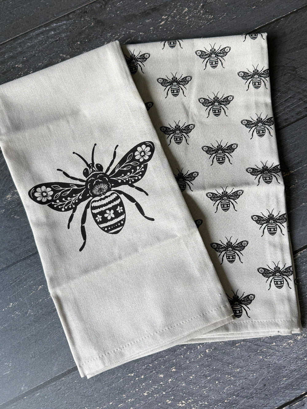 Linen Cotton Hand Towels Set | Bee Print Kitchen Tea Towels (Set of 2) - Aware House