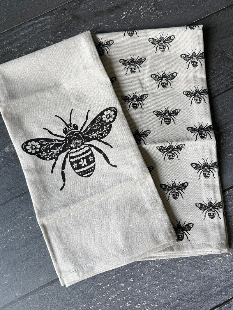Linen Cotton Hand Towels Set | Bee Print Kitchen Tea Towels (Set of 2)-zoom-