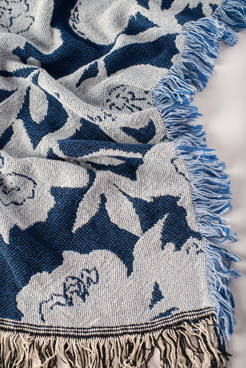 Blue Floral Jacquard Throw Blanket, Reversible Cotton Throw, Made in USA-zoom-