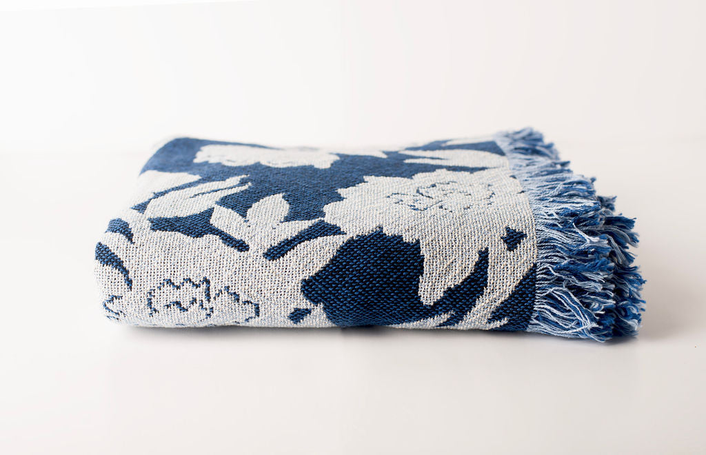 Blue Floral Jacquard Throw Blanket, Reversible Cotton Throw, Made in USA-4