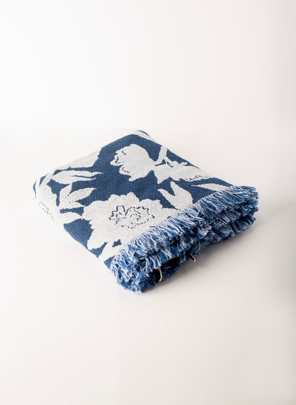 Blue Floral Jacquard Throw Blanket, Reversible Cotton Throw, Made in USA-3