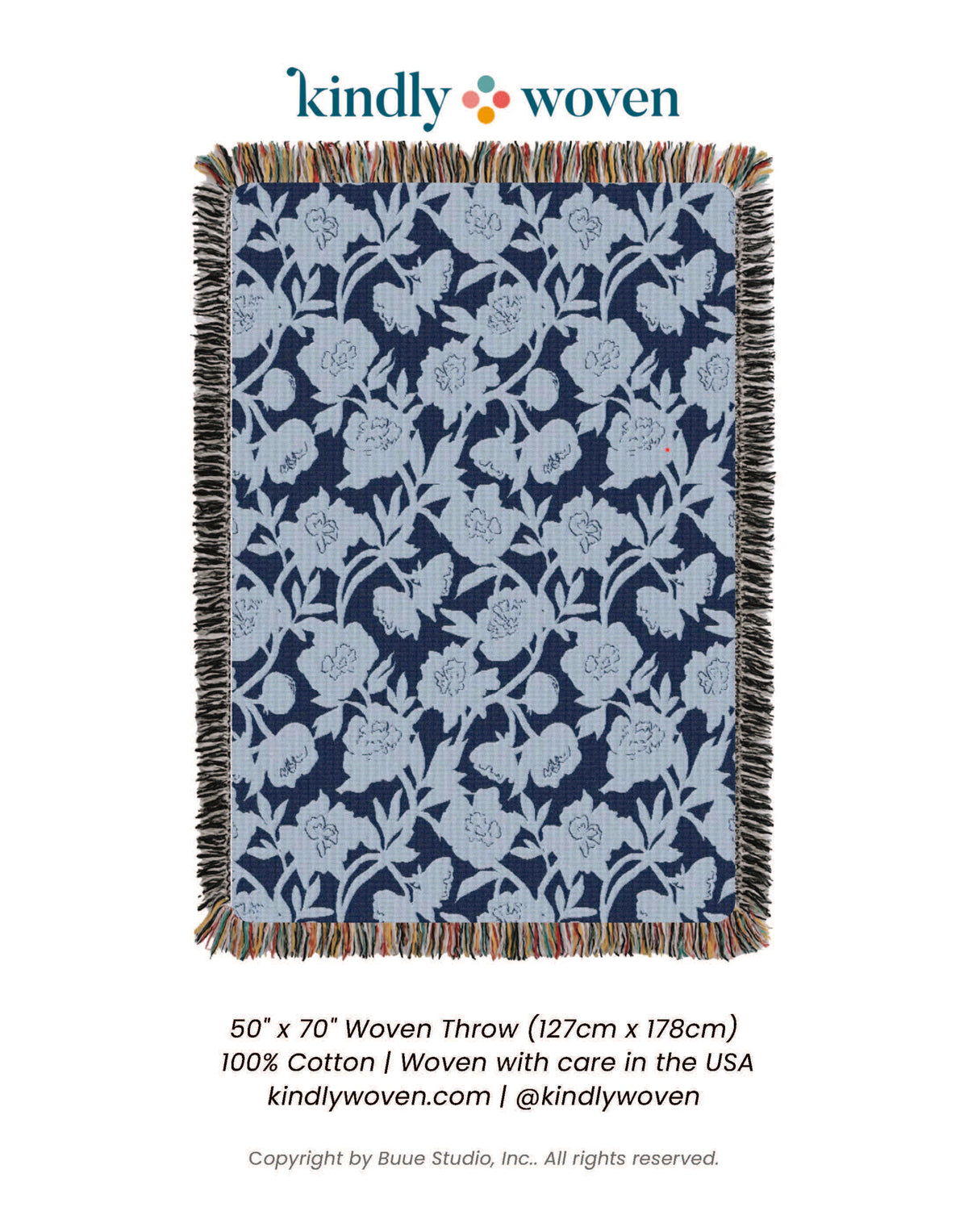 Blue Floral Jacquard Throw Blanket, Reversible Cotton Throw, Made in USA-zoom-7