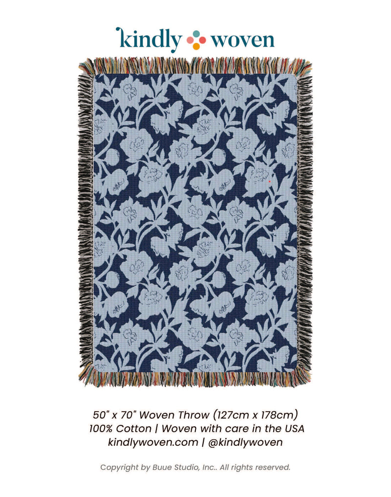 Blue Floral Jacquard Throw Blanket, Reversible Cotton Throw, Made in USA-zoom-