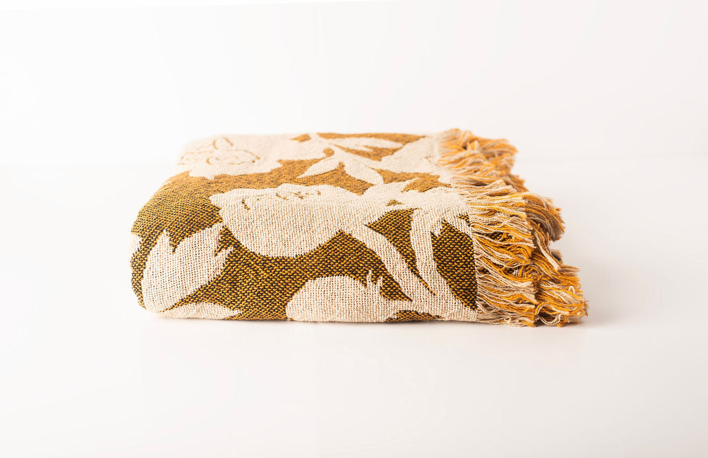 Addy Ochre Gold Floral Jacquard Woven Throw Blanket-zoom-3