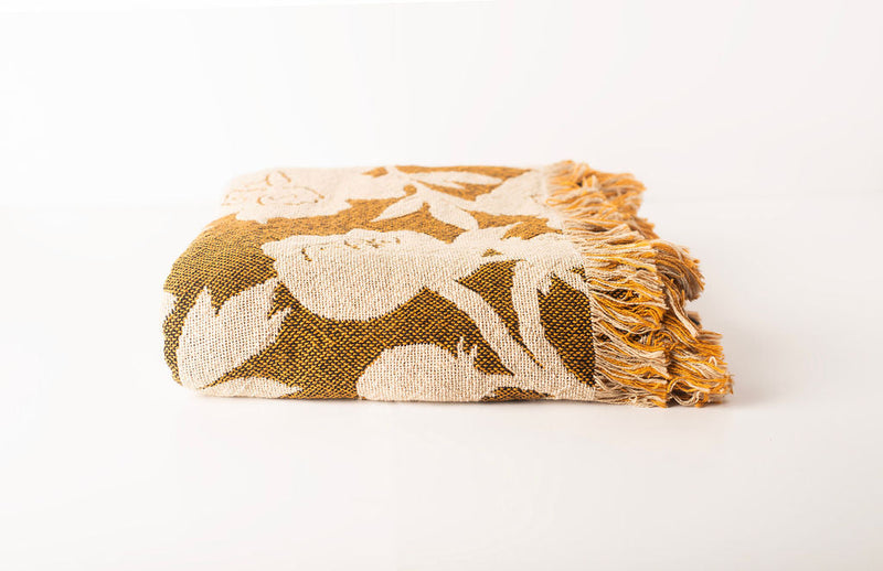 Addy Ochre Gold Floral Jacquard Woven Throw Blanket-zoom-