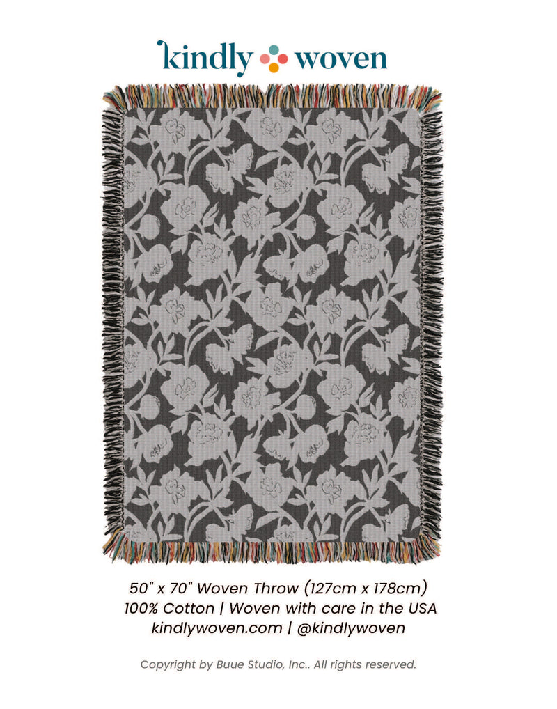 Neutral Botanical Throw Blanket, Reversible Cotton Jacquard Throw-zoom-