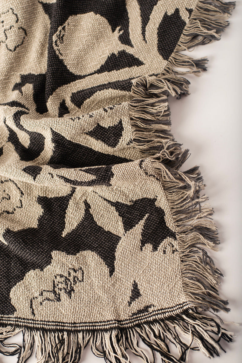 Neutral Botanical Throw Blanket, Reversible Cotton Jacquard Throw-zoom-
