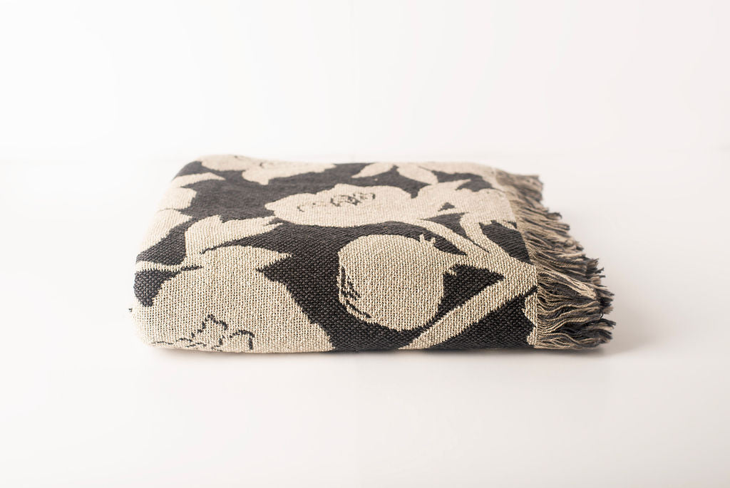 Neutral Botanical Throw Blanket, Reversible Cotton Jacquard Throw-zoom-4