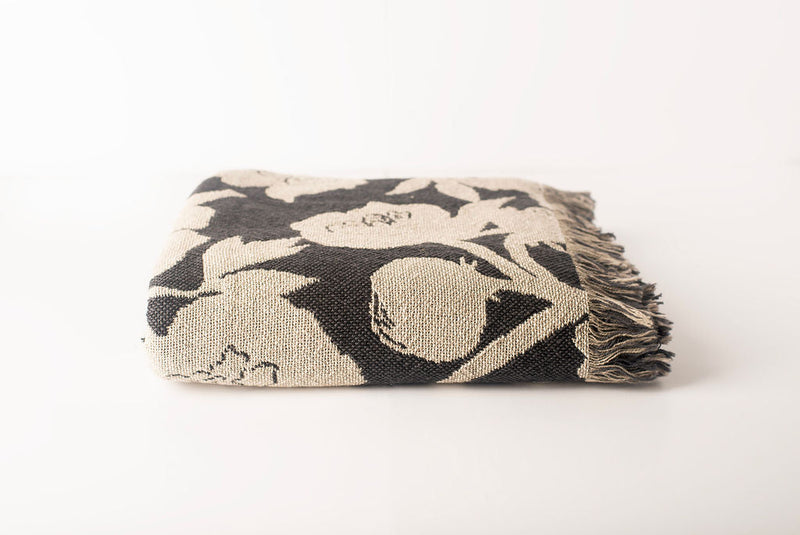 Neutral Botanical Throw Blanket, Reversible Cotton Jacquard Throw-zoom-
